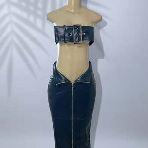 Black Faux Leather Two Piece Set – Strapless Belt Top & Zip Skirt Sexy Chic ✧ S